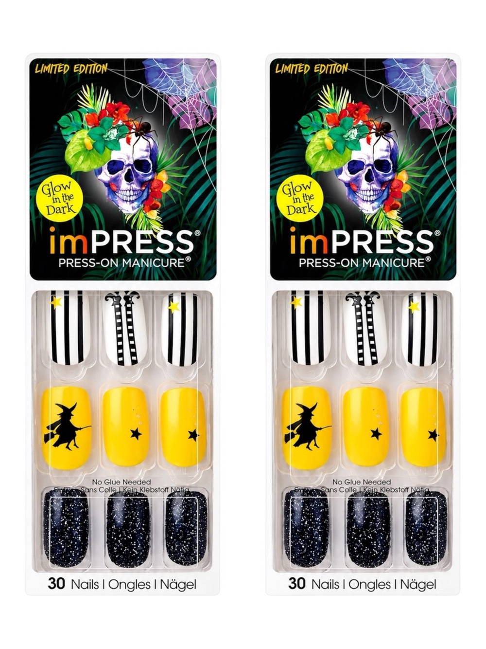 KISS IMPRESS PRESS-ON - 30 NAIL & ACCENT - HALLOWEEN TEEN WITCH GLOW IN DARK X2